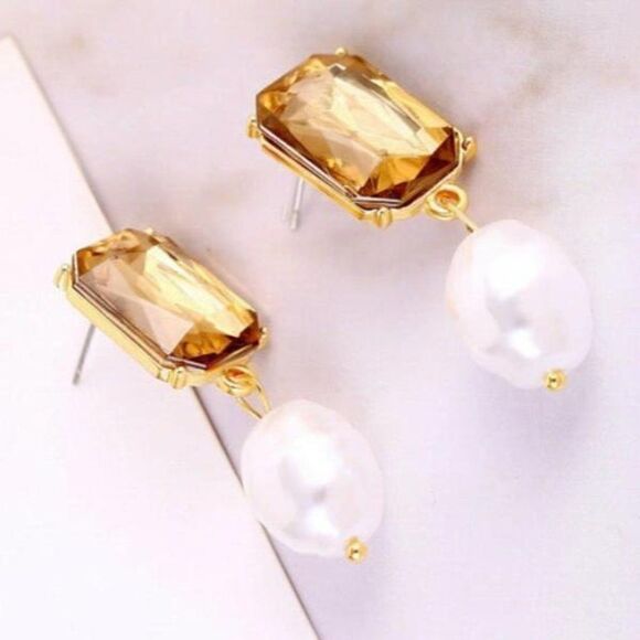 5/$25 Emerald Cut Faux Pearl Earrings - Picture 2 of 6